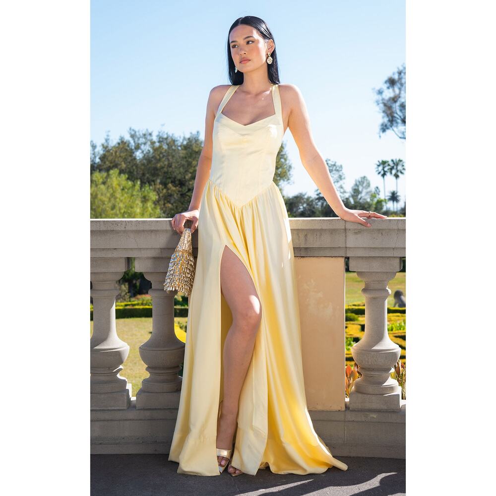 Show Me Your Mumu Abigail Maxi Dress in Pale Yellow Luxe Satin S